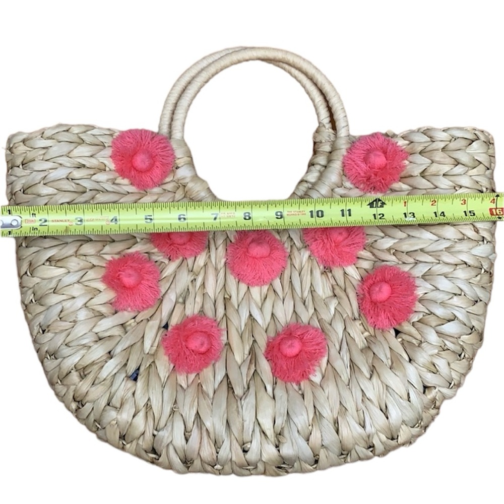 👜Straw hobo style bag with pink Pom-Poms